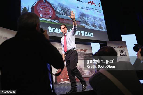 Wisconsin Gov. Scott Walker speaks to guests at the Iowa Freedom Summit on January 24, 2015 in Des Moines, Iowa. The summit is hosting a group of...