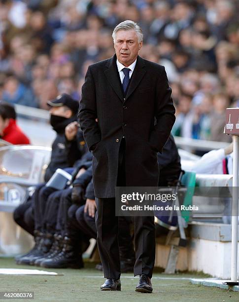 Head coach Carlo Ancelotti of Real Madrid looks on during the liga match between Cordoba CF and Real Madrid CF at Nuevo Arcange on January 24, 2015...