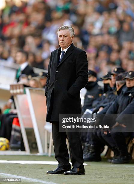 Head coach Carlo Ancelotti of Real Madrid looks on during the liga match between Cordoba CF and Real Madrid CF at Nuevo Arcange on January 24, 2015...