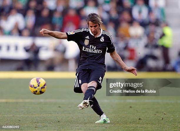 Fabio Coentrao of Real Madrid in action during the liga match between Cordoba CF and Real Madrid CF at Nuevo Arcange on January 24, 2015 in Cordoba,...