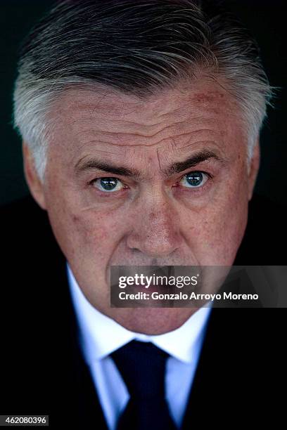 Head coach Carlo Ancelotti looks on sitted on the bench prior to start the La Liga match between Cordoba CF and Real Madrid CF at El Arcangel stadium...