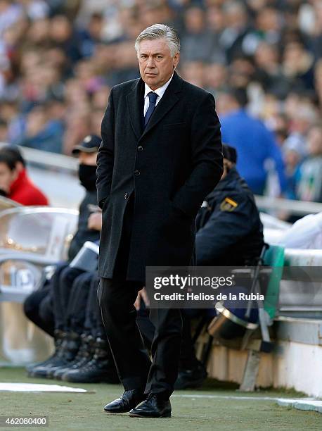 Head coach Carlo Ancelotti of Real Madrid looks on during the liga match between Cordoba CF and Real Madrid CF at Nuevo Arcange on January 24, 2015...