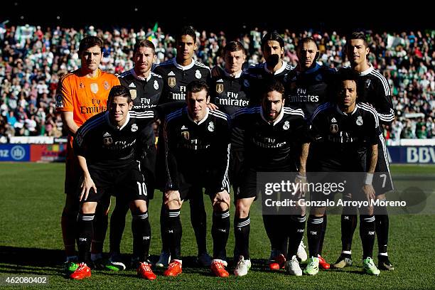 Real Madrid line up prior to start the La Liga match between Cordoba CF and Real Madrid CF at El Arcangel stadium on January 24, 2015 in Cordoba,...