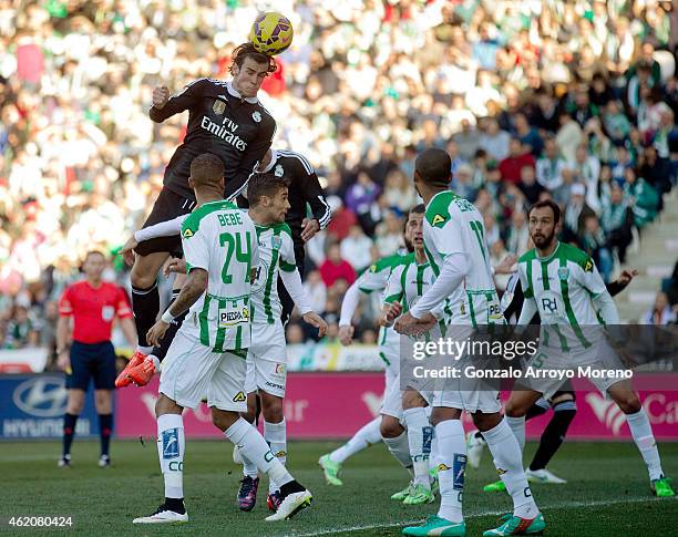 Gareth Bale of Real Madrid CF heads the ball during the La Liga match between Cordoba CF and Real Madrid CF at El Arcangel stadium on January 24,...