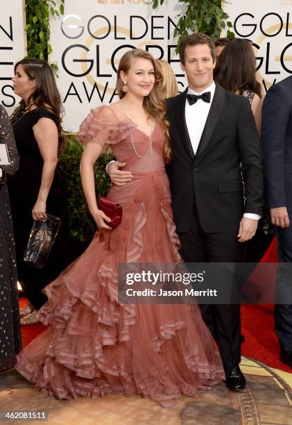 Musician Joanna Newsom and actor Andy Samberg attend the 71st Annual Golden Globe Awards held at The Beverly Hilton Hotel on January 12, 2014 in...