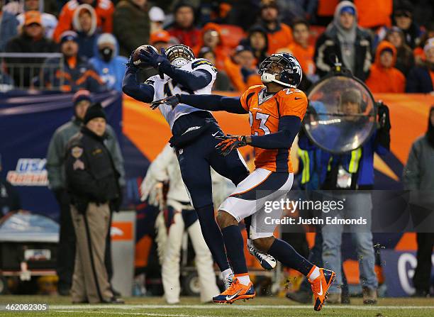 Keenan Allen of the San Diego Chargers catches a fourth quarter touchdown pass over Quentin Jammer of the Denver Broncos during the AFC Divisional...