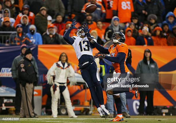 Keenan Allen of the San Diego Chargers catches a fourth quarter touchdown pass over Quentin Jammer of the Denver Broncos during the AFC Divisional...