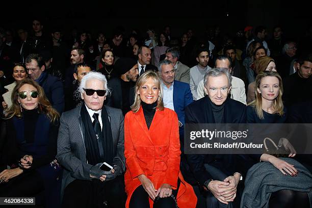 Marisa Berenson, Fashion designer Karl Lagerfeld, Helene Arnault, Owner of LVMH Luxury Group Bernard Arnault and Louis Vuitton's executive vice...