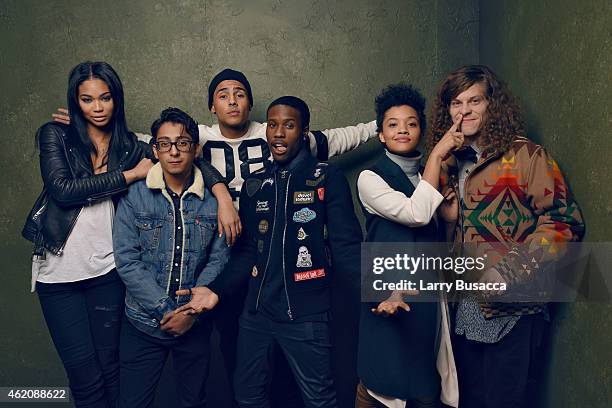 Actors Chanel Iman, Tony Revolori, Quincy Brown, Shameik Moore, Kiersey Clemons and Blake Anderson from "Dope" pose for a portrait at the Village at...