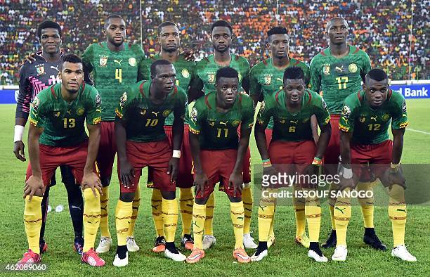 Cameroon's squad goalkeeper Fabrice Ondoa, midfielder Raoul Cedric Loe, defender Aurelien Chedjou, defender Nicolas Nkoulou, forward Benjamin...