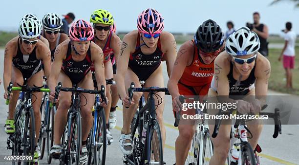 Kristin Kasper and Renee Tomlin both of USA ride their bikes during the Triathlon Iberoamerican Championships on 24, 2015 in La Habana, Cuba.