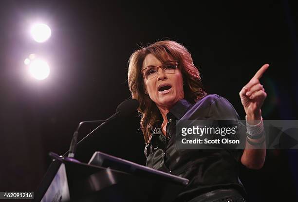 Former Alaska Governor Sarah Palin speaks to guests at the Iowa Freedom Summit on January 24, 2015 in Des Moines, Iowa. The summit is hosting a group...