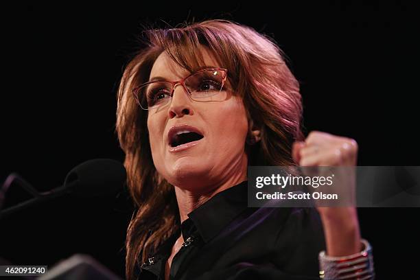 Former Alaska Governor Sarah Palin speaks to guests at the Iowa Freedom Summit on January 24, 2015 in Des Moines, Iowa. The summit is hosting a group...