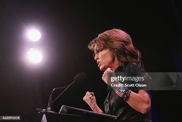 Former Alaska Governor Sarah Palin speaks to guests at the Iowa Freedom Summit on January 24, 2015 in Des Moines, Iowa. The summit is hosting a group...