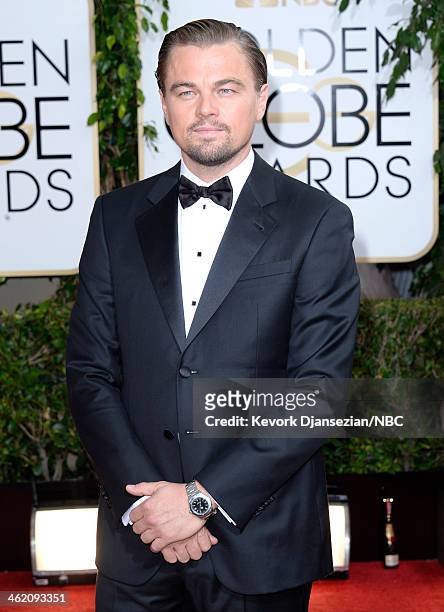 71st ANNUAL GOLDEN GLOBE AWARDS -- Pictured: Actor Leonardo DiCaprio arrives to the 71st Annual Golden Globe Awards held at the Beverly Hilton Hotel...