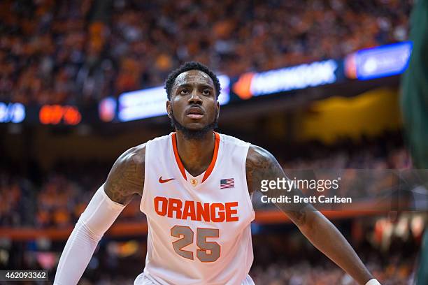 Rakeem Christmas of the Syracuse Orange watches as Miami Hurricanes inbounds the ball on January 24, 2015 at The Carrier Dome in Syracuse, New York....