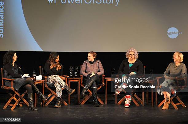 Emily Nussbaum, Mindy Kaling, Lena Dunham, Jenji Kohan and Kristen Wiig appear onstage at the Power Of Story Panel: Serious Ladies during the 2015...
