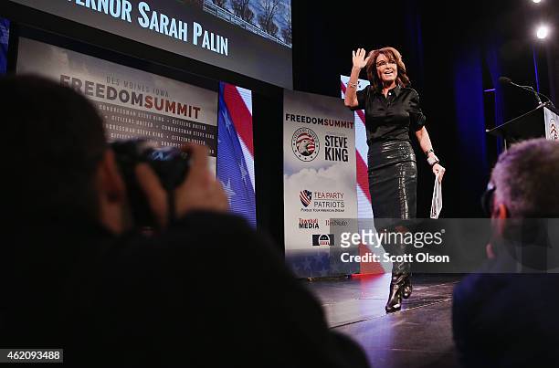 Former Alaska Governor Sarah Palin speaks to guests at the Iowa Freedom Summit on January 24, 2015 in Des Moines, Iowa. The summit is hosting a group...