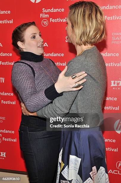 Actresses Lena Dunham and Kristen Wiig appear backstage at the Power Of Story Panel: Serious Ladies during the 2015 Sundance Film Festival at the...