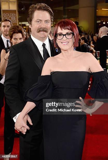 Actors Nick Offerman and Megan Mullally attend the 71st Annual Golden Globe Awards with Moet & Chandon held at the Beverly Hilton Hotel on January...