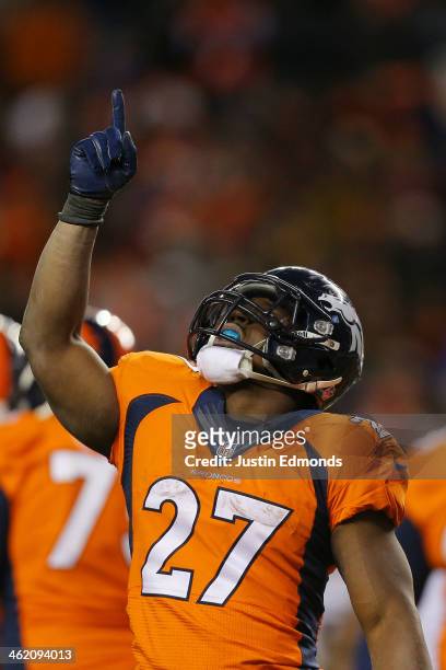 Knowshon Moreno of the Denver Broncos celebrates his fourth quarter touchdown against the San Diego Chargers during the AFC Divisional Playoff Game...