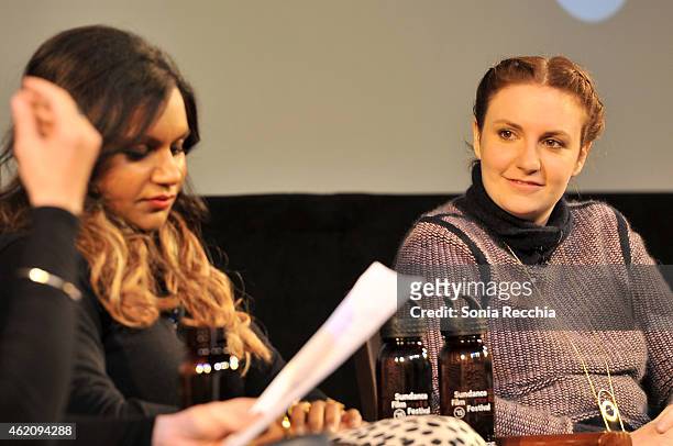 Actresses Mindy Kaling and Lena Dunham appear onstage at the Power Of Story Panel: Serious Ladies during the 2015 Sundance Film Festival at the...