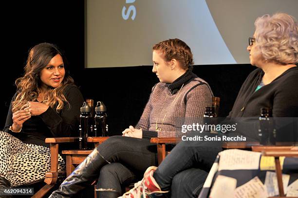 Mindy Kaling, Lena Dunham and Jenji Kohan appear onstage at the Power Of Story Panel: Serious Ladies during the 2015 Sundance Film Festival at the...