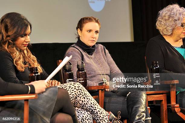 Mindy Kaling, Lena Dunham and Jenji Kohan appear onstage at the Power Of Story Panel: Serious Ladies during the 2015 Sundance Film Festival at the...