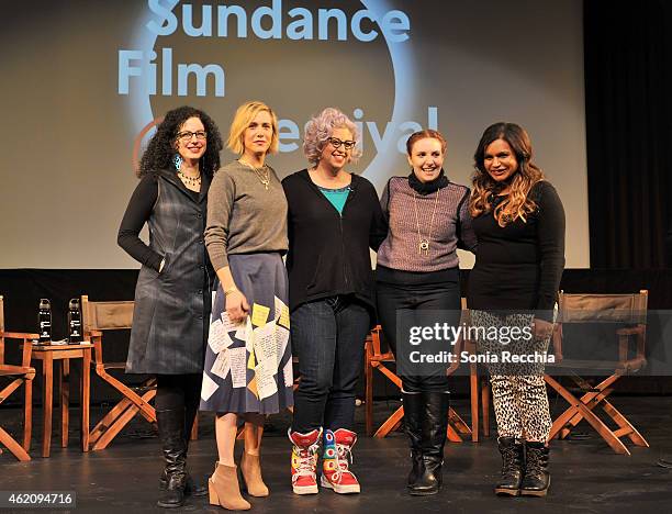 Emily Nussbaum, Kristen Wiig, Jenji Kohan, Lena Dunham and Mindy Kaling appear onstage at the Power Of Story Panel: Serious Ladies during the 2015...