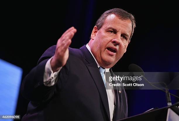 New Jersey Governor Chris Christie speaks to guests at the Iowa Freedom Summit on January 24, 2015 in Des Moines, Iowa. The summit is hosting a group...