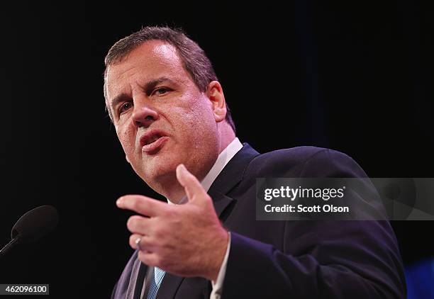 New Jersey Governor Chris Christie speaks to guests at the Iowa Freedom Summit on January 24, 2015 in Des Moines, Iowa. The summit is hosting a group...