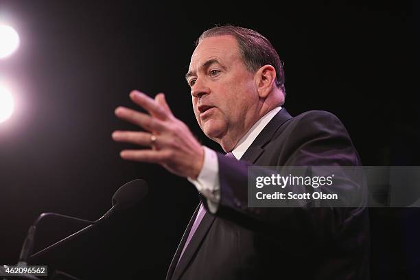 Former Governor of Arkansas Mike Huckabee speaks to guests at the Iowa Freedom Summit on January 24, 2015 in Des Moines, Iowa. The summit is hosting...