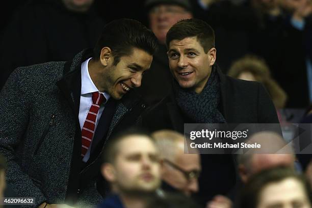 Steven Gerrard and Brad Jones of Liverpool take their seats in the main stand during the FA Cup fourth round match between Liverpool and Bolton...