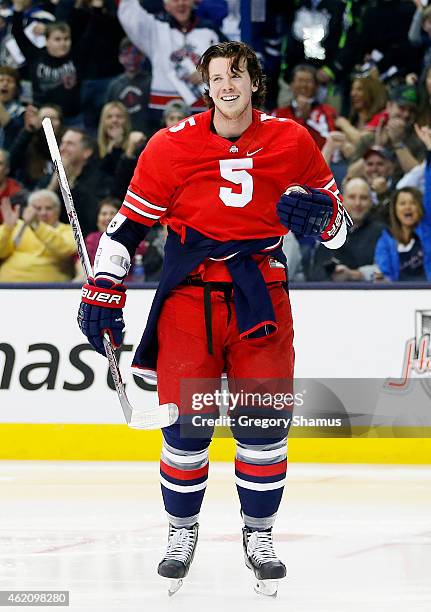 Ryan Johansen of the Columbus Blue Jackets and Team Foligno reacts during the Honda NHL Breakaway Challenge event of the 2015 Honda NHL All-Star...