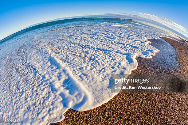 foamy wave, pebble beach, evening light, - westerskov stock pictures, royalty-free photos & images