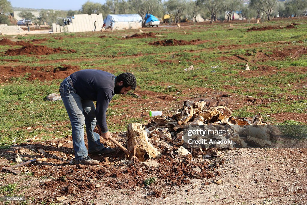 Syrians try to collect wood pieces around Atmeh refugee camp