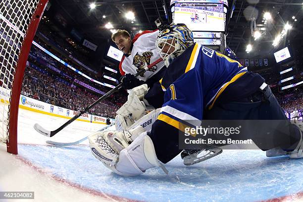 Aaron Ekblad of the Florida Panthers and Team Toews scores on Brian Elliott of the St. Louis Blues and Team Foligno prior to the 2015 Honda NHL...