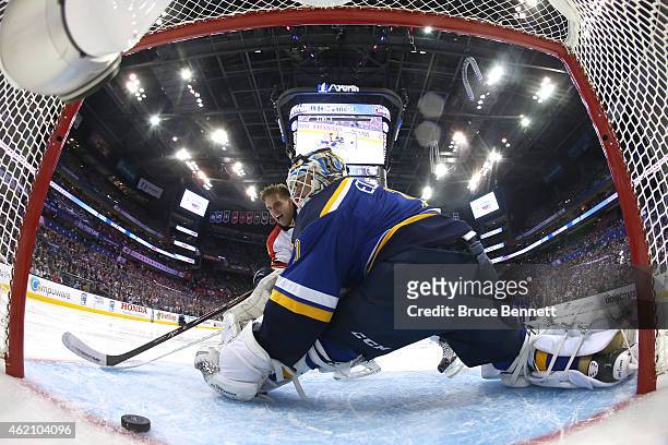 Aaron Ekblad of the Florida Panthers and Team Toews scores on Brian Elliott of the St. Louis Blues and Team Foligno prior to the 2015 Honda NHL...