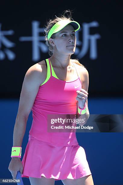 Eugenie Bouchard of Canada celebrates winning in her fourth round match against Irina-Camelia Begu of Romania during day seven of the 2015 Australian...