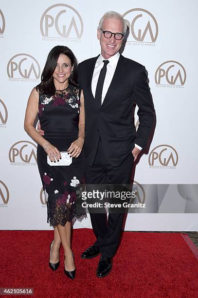 Actress Julia Louis-Dreyfus and Brad Hall attend the 26th Annual Producers Guild Of America Awards at the Hyatt Regency Century Plaza on January 24,...