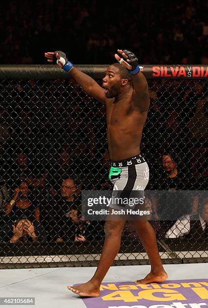 Anthony Johnson of the United States celebrates after his knockout victory over Alexander Gustafsson of Sweden in their light heavyweight bout during...