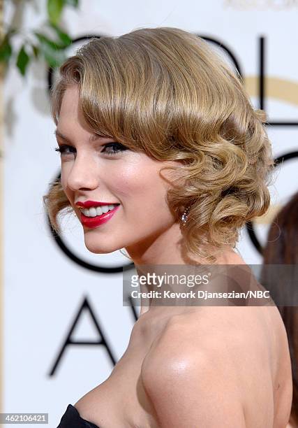 71st ANNUAL GOLDEN GLOBE AWARDS -- Pictured: Recording artist Taylor Swift arrives to the 71st Annual Golden Globe Awards held at the Beverly Hilton...