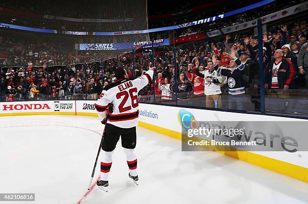 Patrik Elias of the New Jersey Devils and Team Toews reacts during the Discover NHL Shootout event of the 2015 Honda NHL All-Star Skills Competition...