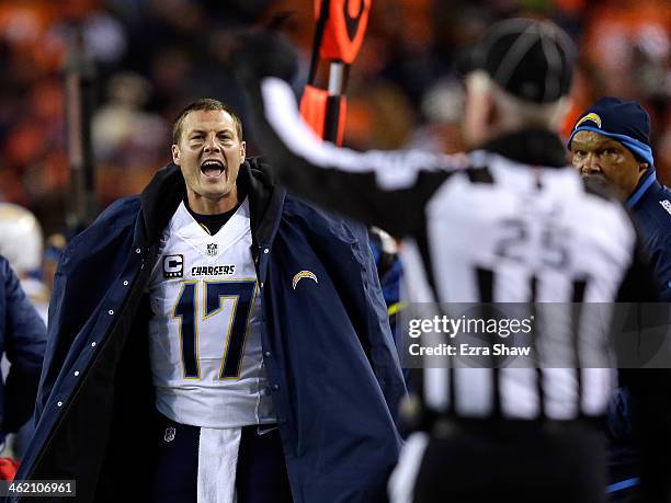 Philip Rivers of the San Diego Chargers complains about a pass interefernce call on the San Diego Chargers against the Denver Broncos during the AFC...