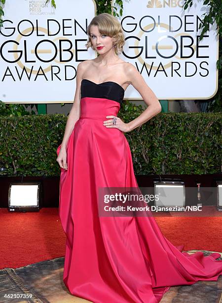 71st ANNUAL GOLDEN GLOBE AWARDS -- Pictured: Recording artist Taylor Swift arrives to the 71st Annual Golden Globe Awards held at the Beverly Hilton...