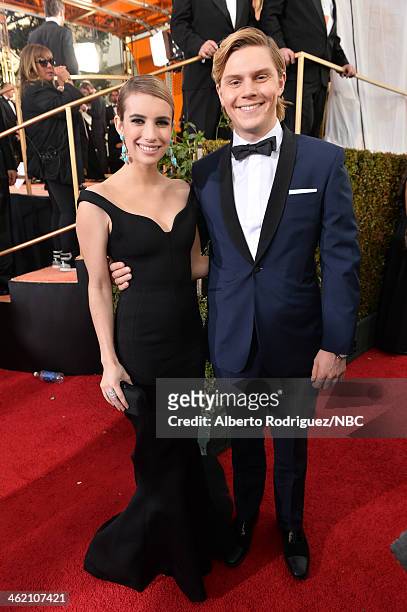 71st ANNUAL GOLDEN GLOBE AWARDS -- Pictured: Actors Emma Roberts and Evan Peters arrive to the 71st Annual Golden Globe Awards held at the Beverly...