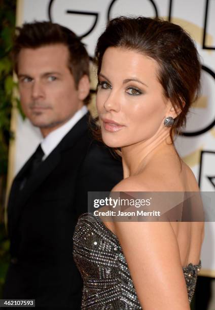 Actress Kate Beckinsale and Director Len Wiseman attend the 71st Annual Golden Globe Awards held at The Beverly Hilton Hotel on January 12, 2014 in...