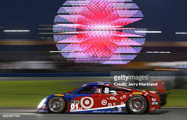 The Chip Ganassi Racing with Felix Sabates Ford EcoBoost/Target Riley driven by Scott Pruett, Joey Hand, Charlie Kimball and Sage Karam races during...