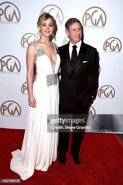 Actress Jennifer Lawrence and Lionsgate CEO Jon Feltheimer attend the 26th Annual Producers Guild Of America Awards at the Hyatt Regency Century...