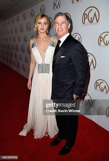 Actress Jennifer Lawrence and Lionsgate CEO Jon Feltheimer attend the 26th Annual Producers Guild Of America Awards at the Hyatt Regency Century...